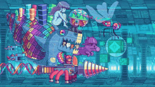 a pixel art drawing of a girl sitting on top of a monster