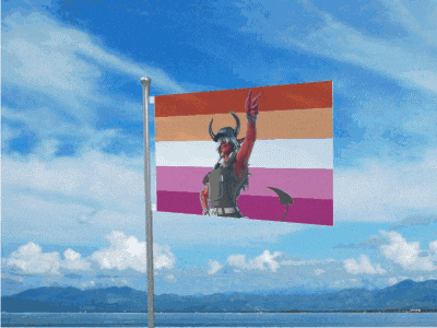 a flag with a picture of a viking giving the peace sign