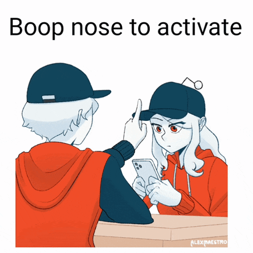 a cartoon of a boy and a girl with the words boop nose to activate