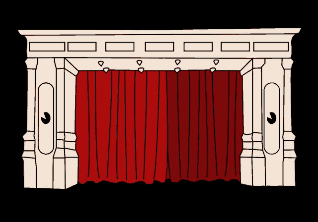 a cartoon drawing of a stage with a red curtain and a door