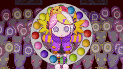 a girl in a purple jacket is surrounded by targets