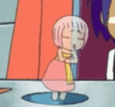 a cartoon girl with pink hair is standing in a hole in the floor .