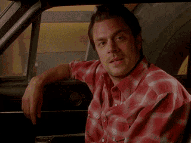 a man in a red and white plaid shirt leaning on the door of a car