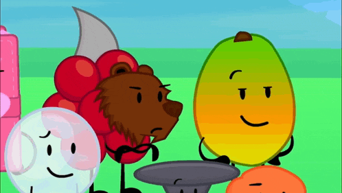 a group of cartoon characters standing next to each other on a green field .