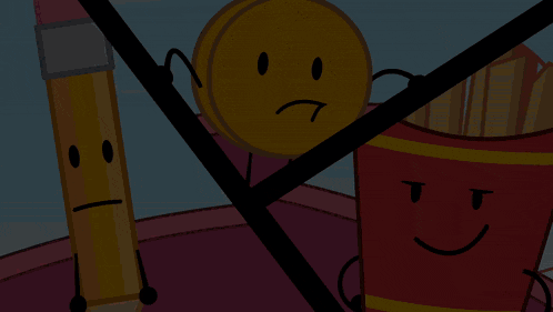 a pencil a coin and a bucket with faces on them