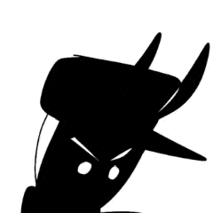 a black and white silhouette of a cartoon character with horns and a hat .