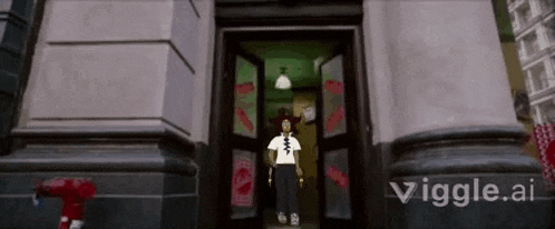 a cartoon character is standing in front of a building with a fire hydrant .
