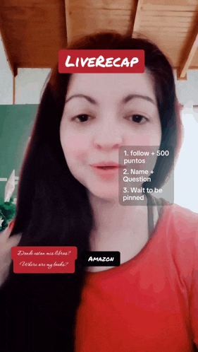 a woman in a red shirt has a live recap on her screen