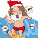 a cartoon of a man with a santa hat and beard riding a surfboard .