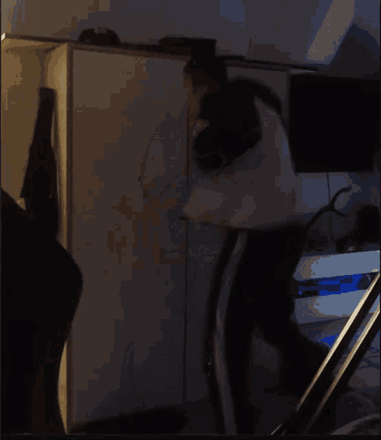 a blurry picture of a person in a dark room with a blue light behind them