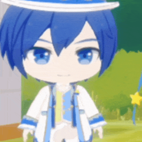 a close up of a cartoon character with blue hair wearing a hat and a white coat .
