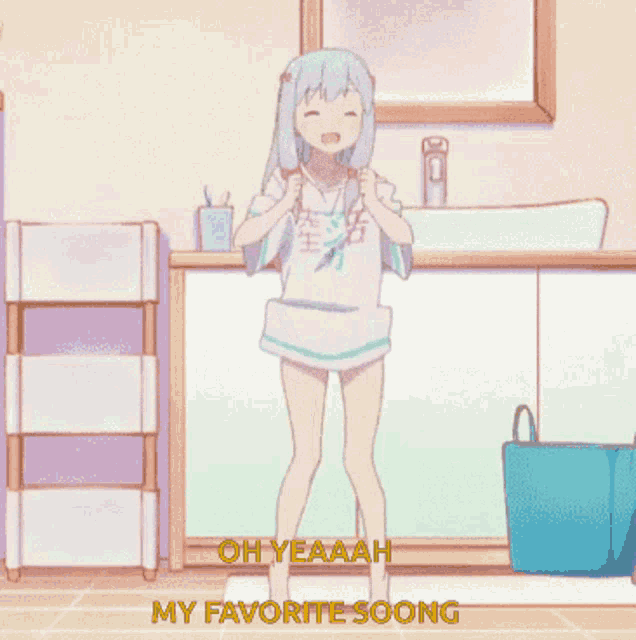 a girl is dancing in a room with the words oh yeaah my favorite soong