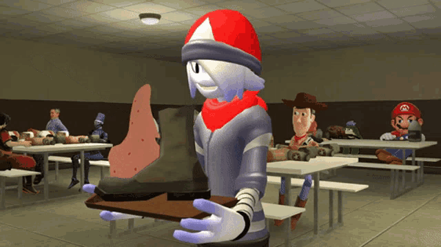 a cartoon character holding a boot in front of a group of tables