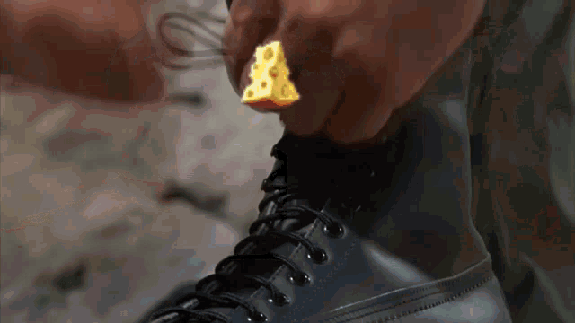 a person is tying their shoelaces with a piece of cheese