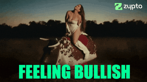 a picture of a woman riding a bull with the words feeling bullish above her