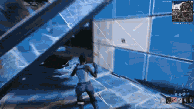 a screenshot of a video game shows a person standing in front of a blue wall and a map