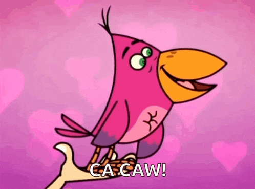 a pink cartoon bird is holding a pink heart and says ca caw