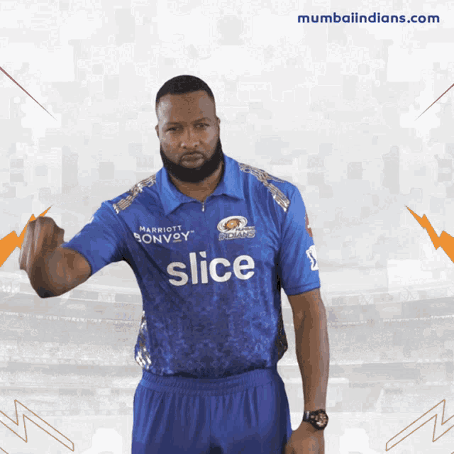 a man wearing a blue shirt that says slice