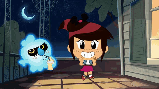 a cartoon of a girl and a ghost with a cup of milk
