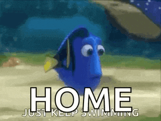 a cartoon fish from the movie finding dory is swimming in the ocean and says `` home just keep swimming '' .