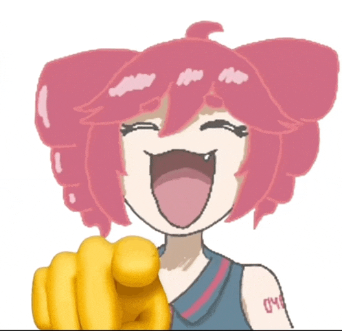 a pixel art drawing of a girl laughing and pointing at the camera