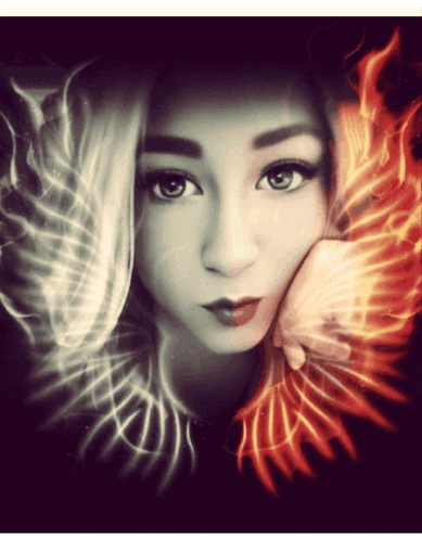 a woman 's face is surrounded by flames and lightning
