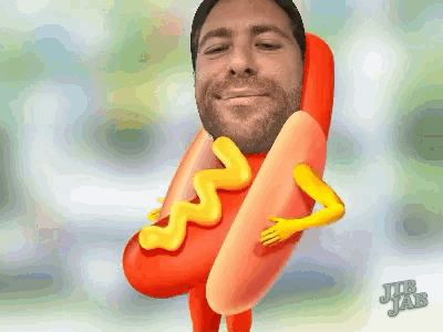 a cartoon of a man hugging a hot dog with mustard