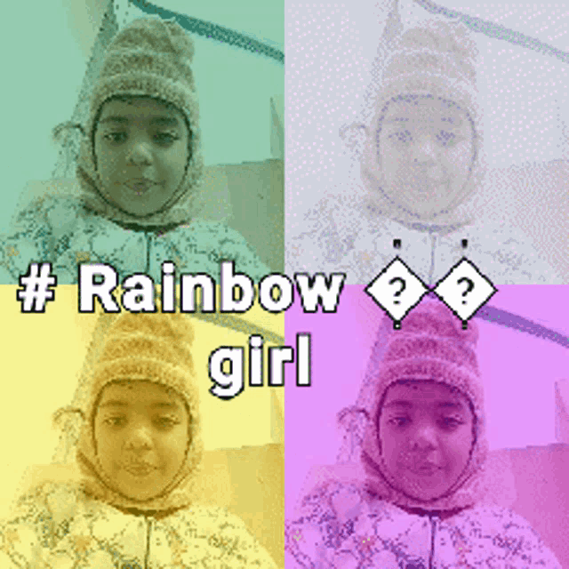a rainbow girl wearing a hooded jacket and a hat