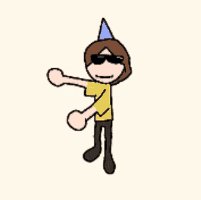 a stick figure wearing a party hat and sunglasses