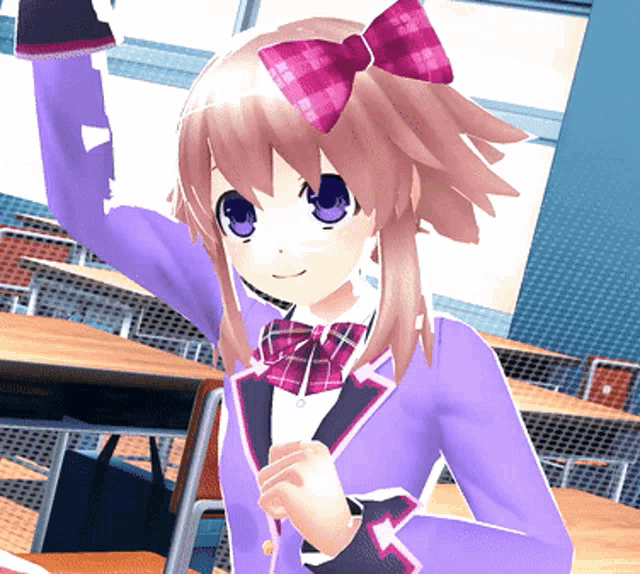 a girl in a purple jacket with a pink bow on her hair