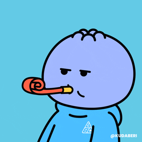a cartoon character wearing a blue hoodie is blowing a whistle