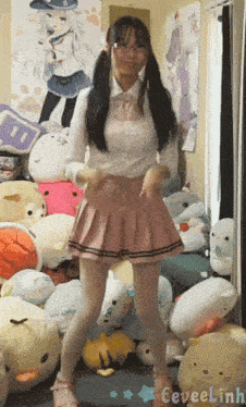 a girl in a pink skirt is dancing in front of a pile of stuffed animals and a sign that says cevaelinh