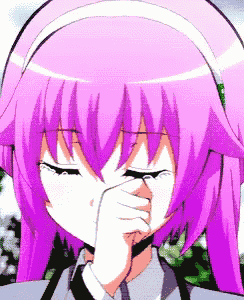 a girl with purple hair is covering her eyes with her hand