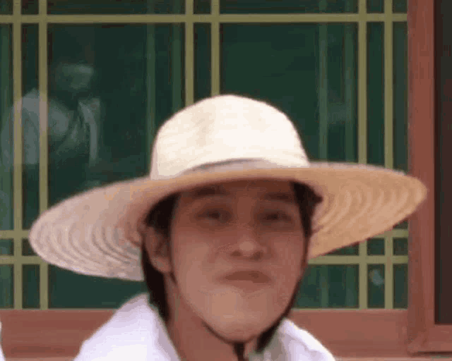 a man wearing a straw hat is making a funny face in front of a window .