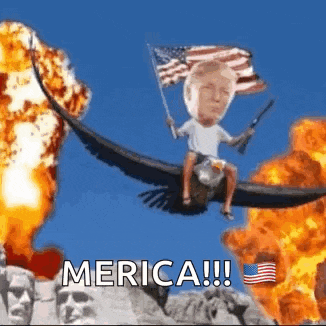 a man is riding on the back of a bald eagle holding an american flag ..
