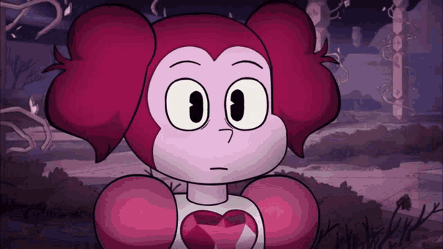 a pink cartoon character with big eyes and a heart in her chest