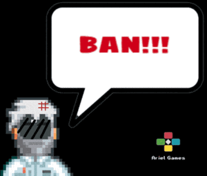 a pixel art character with a speech bubble saying ban