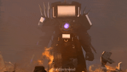 a giant robot with a purple light on its head is surrounded by fire