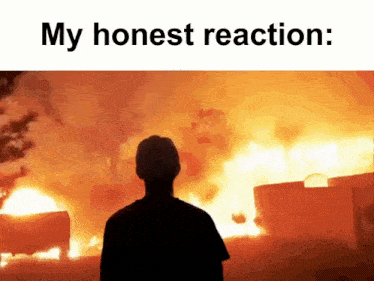 a man is standing in front of a large fire with the words my honest reaction