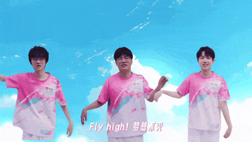 three young men wearing pink shirts that say fly high on them