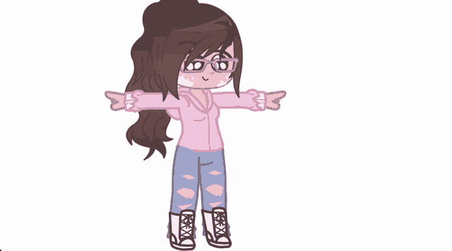 a cartoon girl wearing glasses and a pink shirt is pointing
