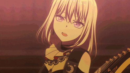 a blonde anime girl with purple eyes is holding a guitar that says alter on it