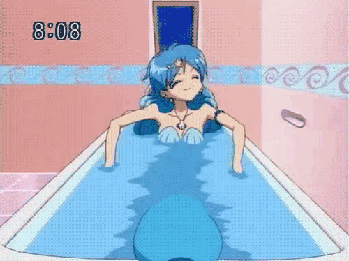 a cartoon of a girl in a blue dress with the time of 8:08