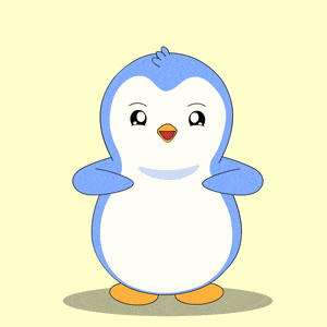 a blue and white penguin with a yellow beak is standing on a yellow background