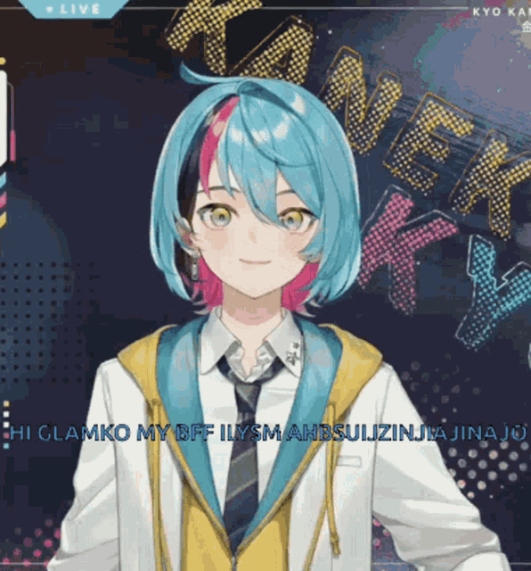 a girl with blue hair and a yellow jacket is smiling