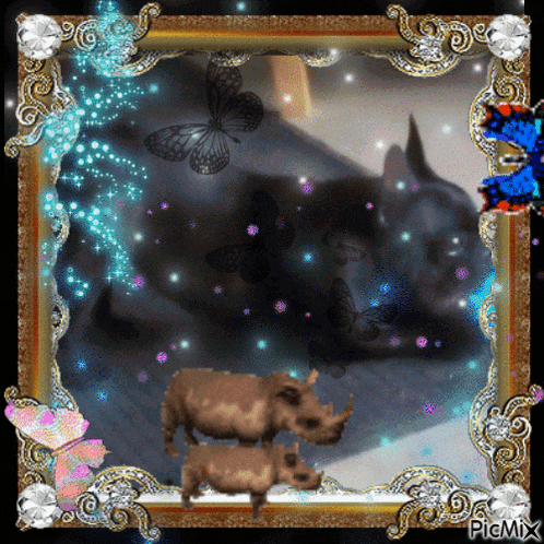 a picture of two rhinos in a frame with picmix at the bottom