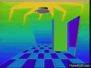 a cartoon of a room with a checkered floor and a ceiling fan .
