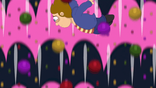 a cartoon character is flying through the air surrounded by colorful balls
