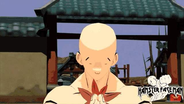 a bald man with a red bow tie is standing in front of a hamster face man logo