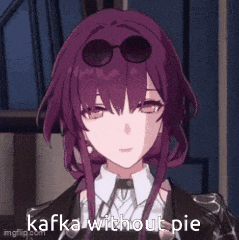 a purple haired anime girl wearing sunglasses and a suit is talking .